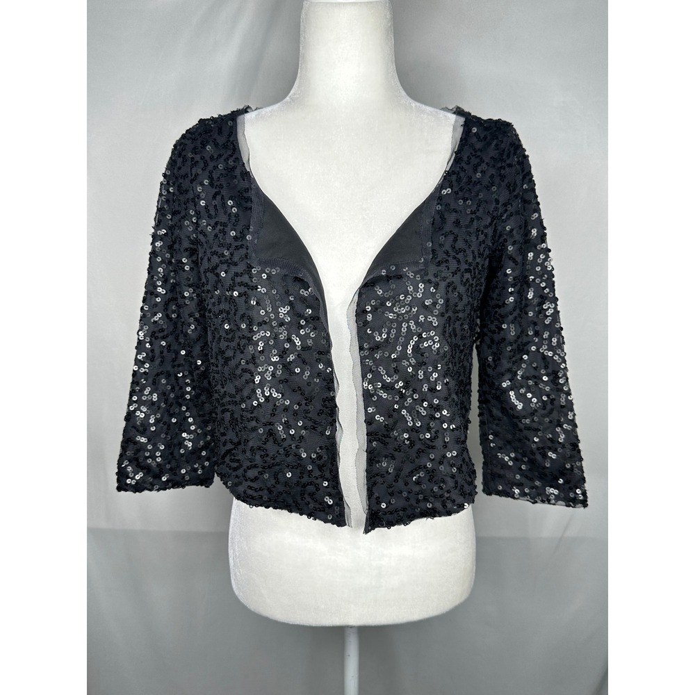 American Eagle Sequin Cropped Shrug Jacket Black Open Front Bolero Y2K XS
